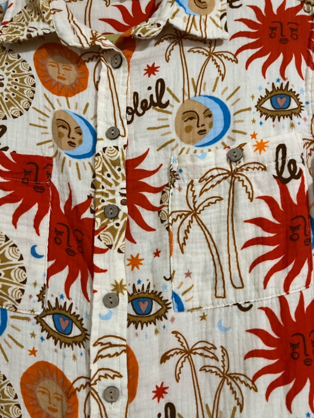 Ivy Jane Colorful Sun & Moon Print Button-Up Shirt Cotton Summer Gauzy Boho - Picture 4 of 13